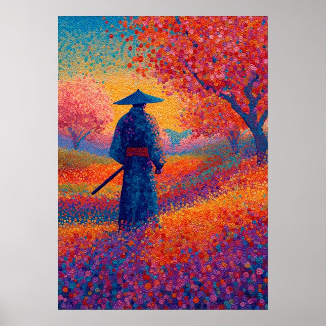 Affiche Art Pointillisme Fleur de Cerisier Samouraï (Devant)