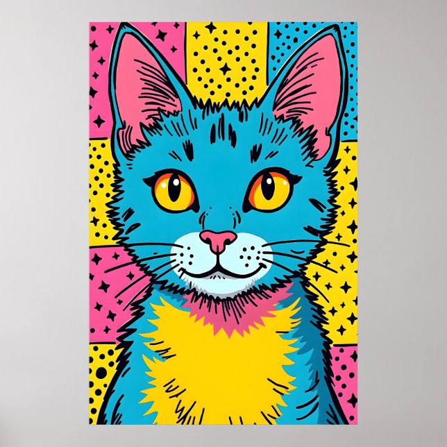 Affiche Art Pop Rétro Chat Bleu Style 80's (Devant)
