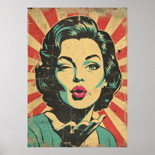 Affiche Art Pop Rétro : Clin d'œil et Baiser (Devant)