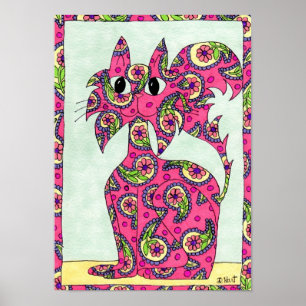 Affiche Art populaire de chats rose Paisley
