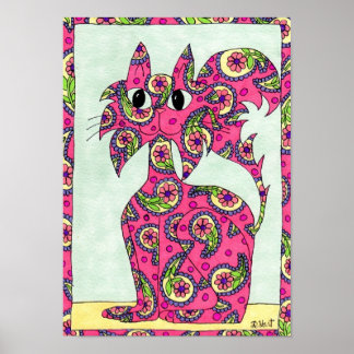 Affiche Art populaire de chats rose Paisley