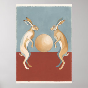 Affiche Art populaire de lièvres dansants et de lune dorée