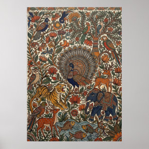 Affiche Art populaire indien Kalamkari Paon Tigre Éléphant