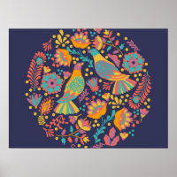 Art populaire mexicain coloré Oiseaux et fleurs Bl