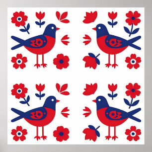 Affiche Art populaire motif floral oiseau rouge bleu