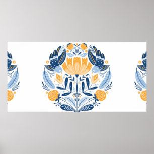 Affiche Art populaire ornement rond avec oiseaux, roses et