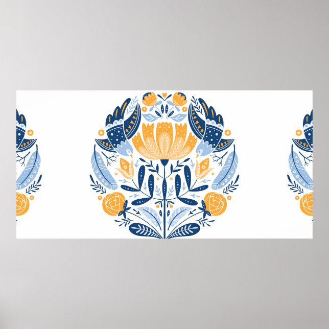 Affiche Art populaire ornement rond avec oiseaux, roses et (Devant)