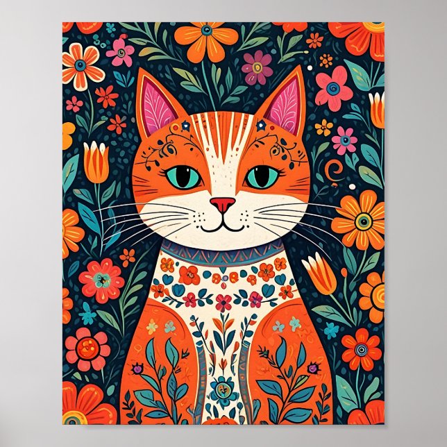 Affiche Art populaire Whimsical Chat et Fleurs (Devant)