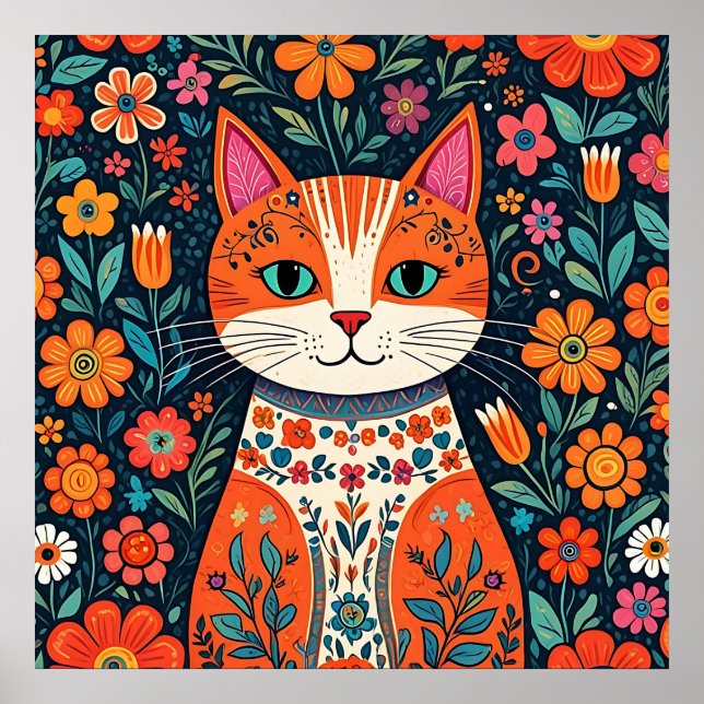 Affiche Art populaire Whimsical Chat et Fleurs (Devant)