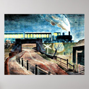Affiche Art ravilieux, Train Traversant le pont la nuit