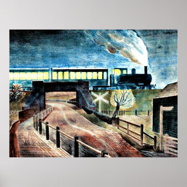 Affiche Art ravilieux, Train Traversant le pont la nuit (Devant)