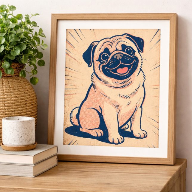 Affiche Art rétro de style bande dessinée d'un chien pug h (retro comic pug)