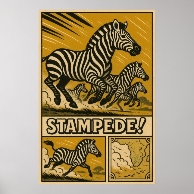 Affiche Art Rétro Safari Stampé de Zèbres (Devant)