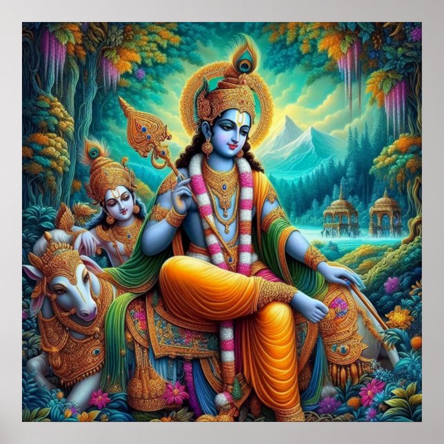 Affiche Art spirituel bleu divin de Krishna (Devant)