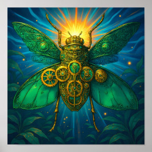 Affiche Art Steampunk de luxe : Insecte Émeraude Doré
