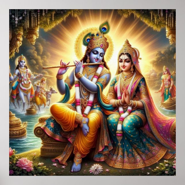 Affiche Art traditionnel divin et vibrant de Radha Krishna (Devant)