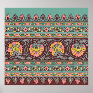 Affiche Art traditionnel Mughal frontière, motif, fleur, g
