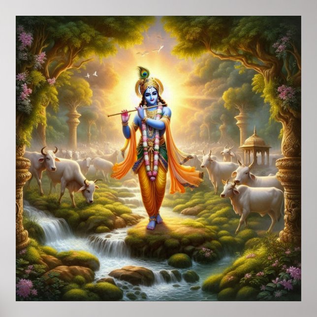 Affiche Art traditionnel sacré Krishna Gopinath Flûte  (Devant)