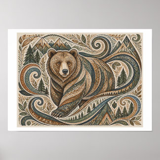 Affiche art tribal grizzly