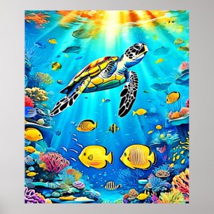 Affiche Art vibrant de tortue marine récifale