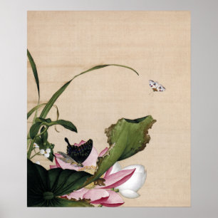 Affiche Art vintage de chinoiserie lotus et papillon