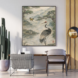Affiche Art Vintage de Grue de Style Japonais