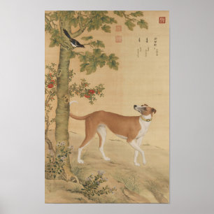 Affiche Art vintage du lévrier chinois et de l'oiseau