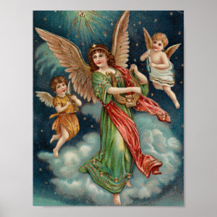 Affiche Art vintage du mur de Noël   Anges et harpes