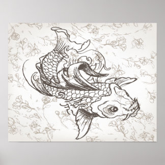 Affiche art vintage japonais koi poisson