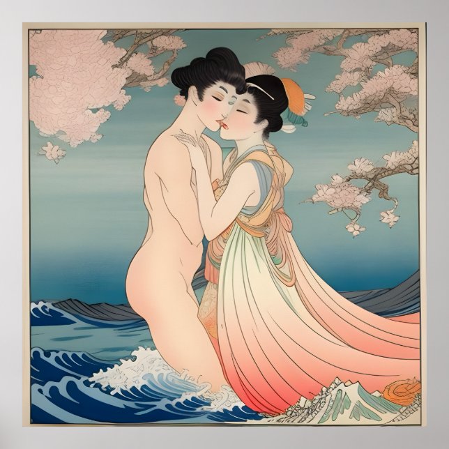 Affiche Art vintage japonais, peinture en soie, amoureux (Devant)