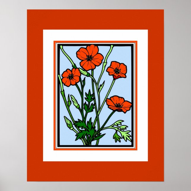 Affiche Art Vintage Orange Coquelicots Rouges (Devant)