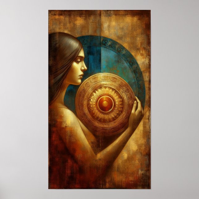 Affiche Artiste d'une dame tenant un objet circulaire Po (Devant)