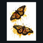 Affiche Artistic Watercolor Monarch Butterfly Nature Art<br><div class="desc">The design features two vibrant monarch butterflies in mid-flight, rendered with artistic paint splatters in warm shades of orange and yellow. This nature-inspired graphic captures the delicate elegance of spring wildlife. It makes a wonderful gift for gardeners, entomology enthusiasts, nature lovers, or anyone who appreciates the symbolism of freedom and...</div>