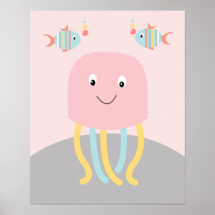 Affiche artistique de méduse rose de la vie marine