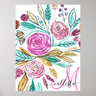 Affiche Artsy Elegant rose Turquoise Aquarelle Florale Mon
