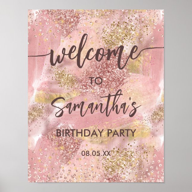 Affiche Artsy moderne Fille rose Faux Gold Parties scintil (Devant)