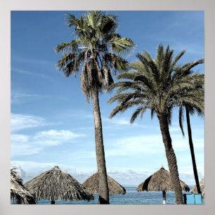 Affiche Aruba Ocean Vue Palm Trees et Plage Palapa Huts