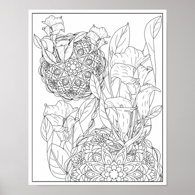 Affiche Arum Lilies et Feuille Mandala Coloration adulte (Devant)