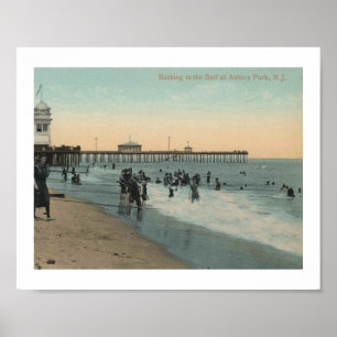 Affiche Asbury Park NJ, Baignade dans le Surf 1912 Vintage