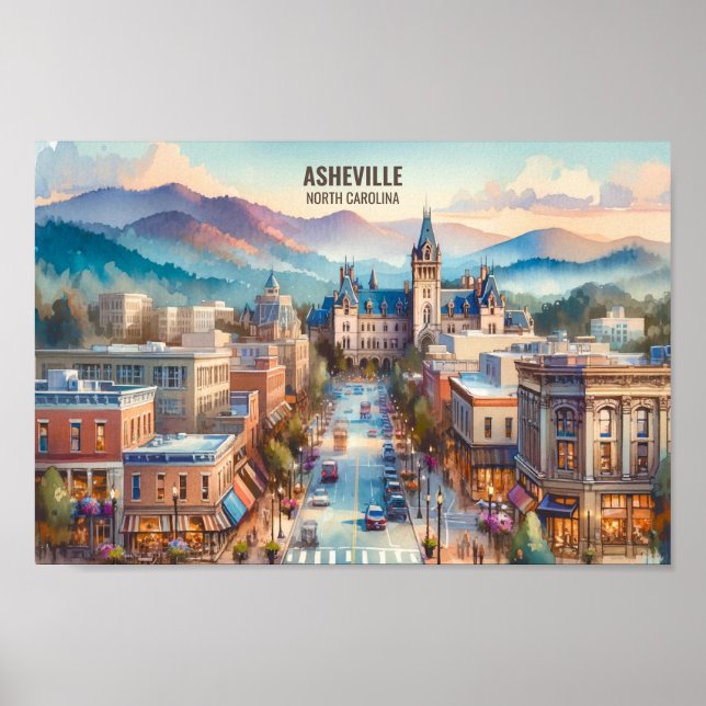 Affiche Asheville Caroline du Nord Places de voyage aquare (Devant)
