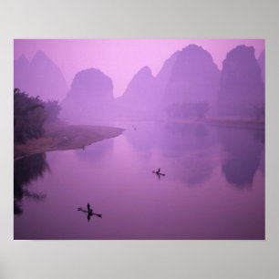 Affiche Asie, Chine, Guanxi, Yangshou. Pêcheurs sur radeau