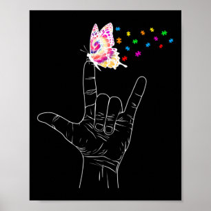 Affiche ASL I Love You Hand Sign Language Butterfly Autism
