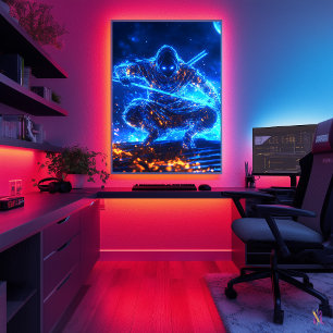 Affiche Assassin de l'Ombre Néon – Ninja Cyberpunk en Bleu