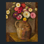 Affiche Asters et Zinnias | Tadeusz Makowski<br><div class="desc">Asters and Zinnias in a Clay Jug (1917) de Tadeusz Makowski (polonais, 1882-1932) présente une vie calme modeste mais saisissante, mêlant charme folklorique et sensibilité moderniste. Les fleurs vibrantes - les maitres et les zinnias - sont disposées dans une cuve d'argile rustique, leurs couleurs vives se détachant contre un arrière...</div>