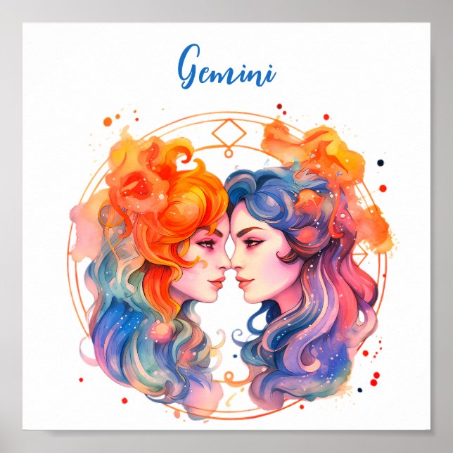 Affiche Astrologie signe zodiaque Gemini en aquarelle (Devant)