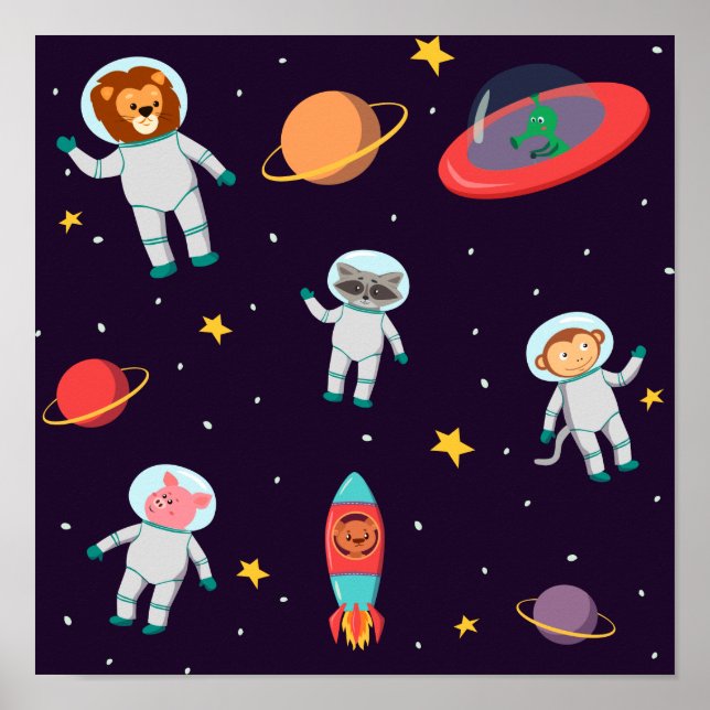 Affiche Astronaut Animaux Dans Le Motif Spatial I (Devant)