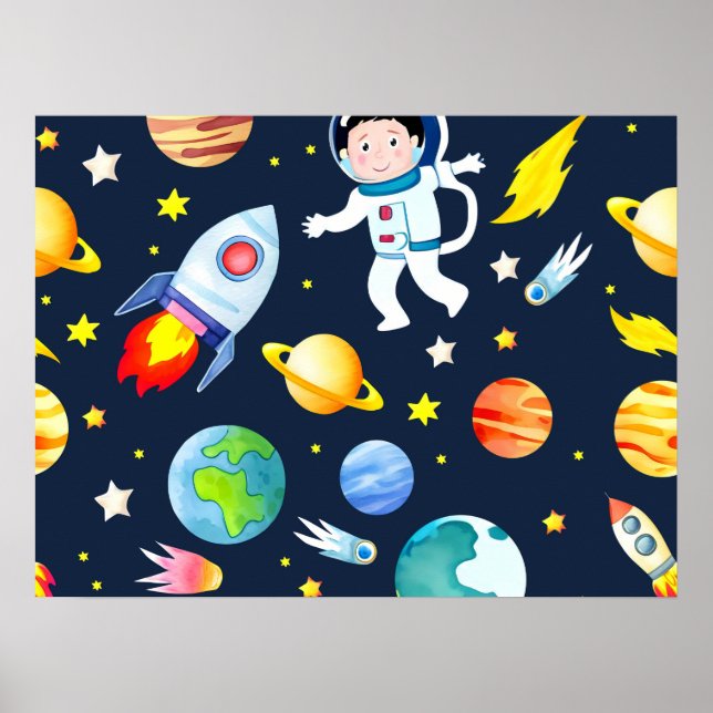 Affiche Astronaut in Space Planets and Rockets Pattern (Devant)
