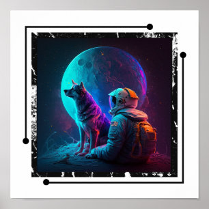 Affiche Astronaute avec chien dans l'espace, Neon Design A