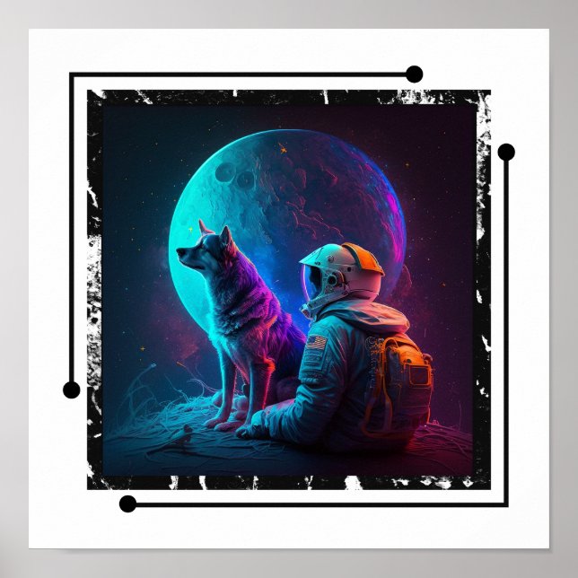 Affiche Astronaute avec chien dans l'espace, Neon Design A (Devant)
