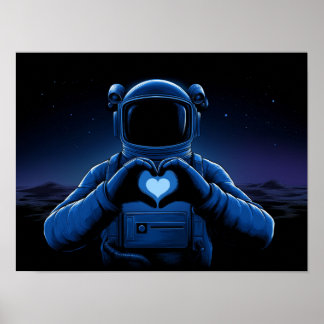 Affiche Astronaute Bleu Faisant un Signe de Coeur sur une